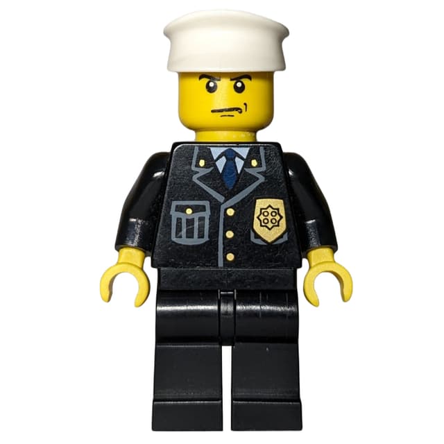 Policeman, Black Suit with Badge, White Hat, Scowl