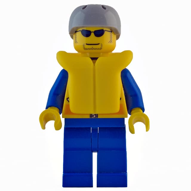 Coast Guard, Yellow Jacket with Zipper, Radio and Badge, Light Bluish Gray Helmet, Yellow Life Vest, Sunglasses