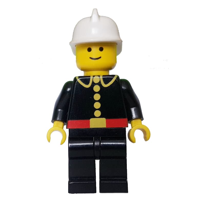 Fireman, Classic, Black Fire Jacket with Red Belt and Buttons, White Helmet (3626a Head)