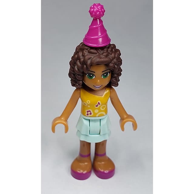 Andrea - Bright Light Orange Top, Light Aqua Skirt, Magenta Party Hat