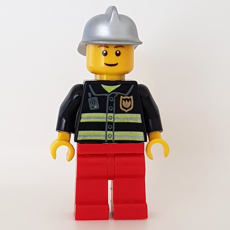 Fireman, Black Fire Jacket with Reflective Stripes, Radio, and Badge, Red Legs, Silver Helmet
