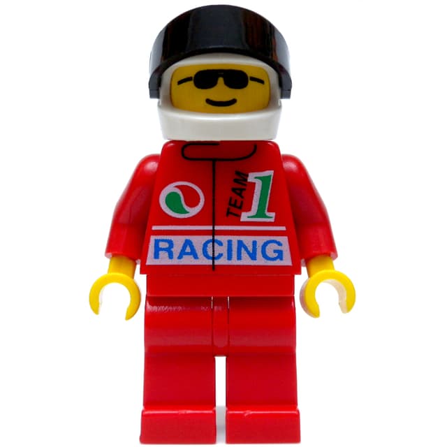 Racer, Red Jacket with Octan Logo and 'RACING', Red Legs, White Helmet with Black Visor, Sunglasses