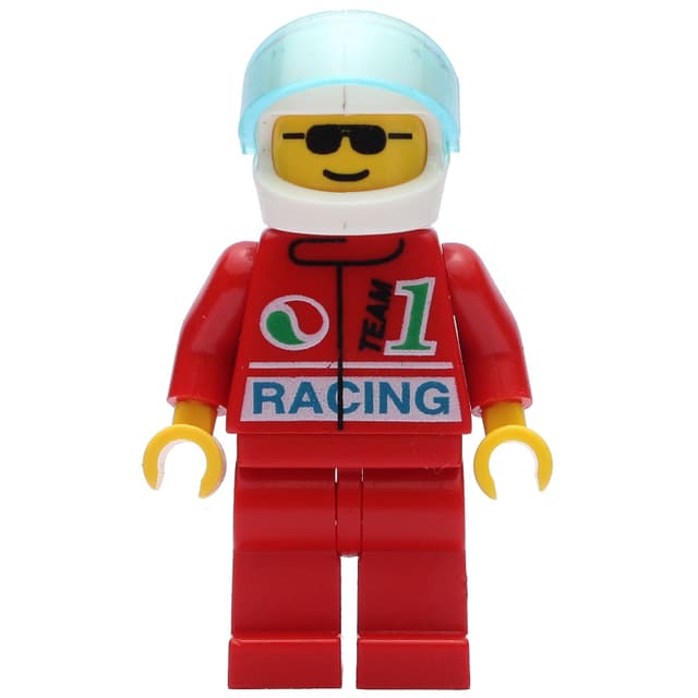 Racer, Red Jacket with Octan Logo and 'RACING', Red Legs, White Helmet with Trans-Light Blue Visor, Sunglasses