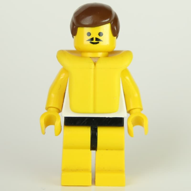 Man, White Tank Top with Windsurfer, Yellow Legs, Brown Hair, Yellow Life Vest, Moustache