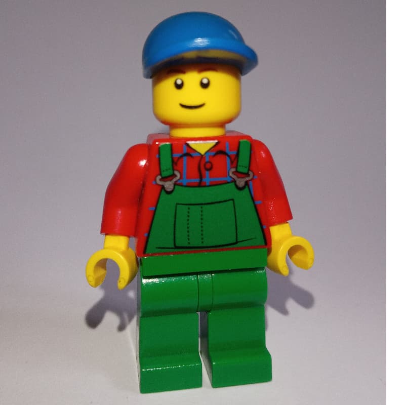 Man, Green Overalls over Red Shirt, Blue Cap