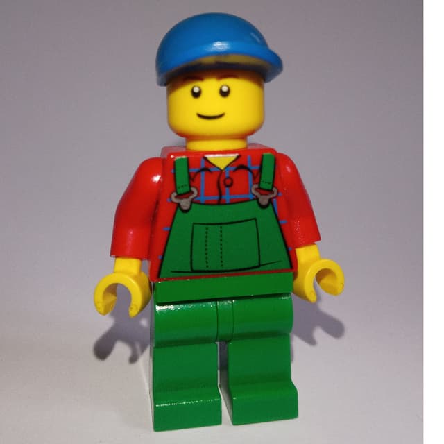 Man, Green Overalls over Red Shirt, Blue Cap