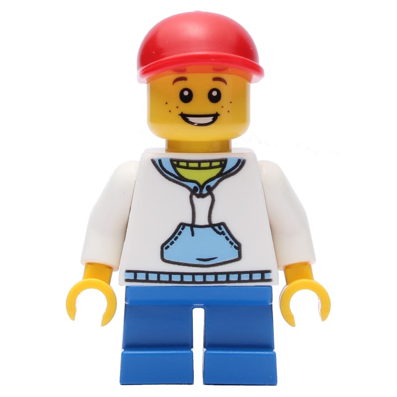 Boy, White and Blue Hoodie, Short Blue Legs, Red Cap
