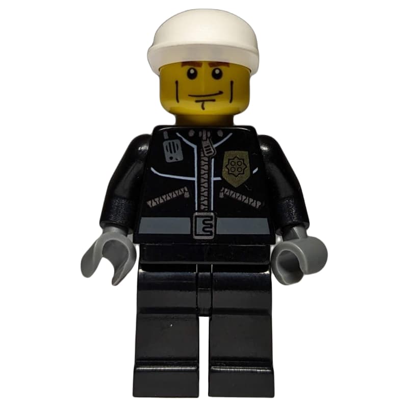 Policeman, Black Jacket with Zipper, Radio, and Badge, White Cap