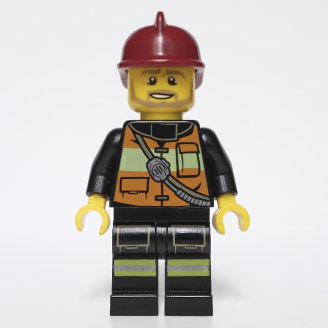 Fireman, Orange Safety Vest with Radio, Dark Red Helmet, Beard