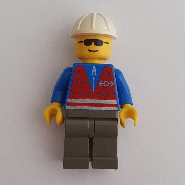 Train Worker - Red Vest, Dark Gray Legs, White Helmet, Sunglasses