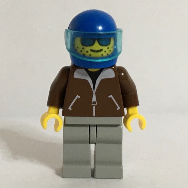 Man, Brown Jacket, Light Gray Legs, Blue Helmet with Visor, Blue Visor