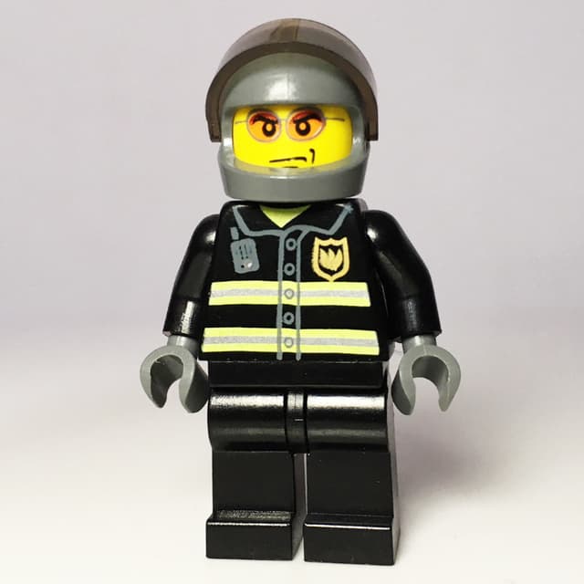 Fireman, Black Fire Jacket with Reflective Stripes, Radio, and Badge, Dark Bluish Gray Helmet with Visor, Orange Sunglasses