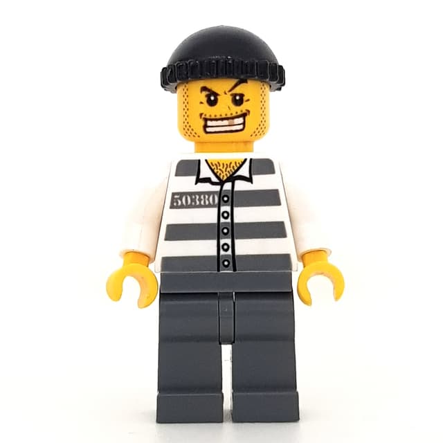 Criminal, Prison Shirt with #50380, Dark Bluish Gray Legs, Black Hat, Gold Tooth