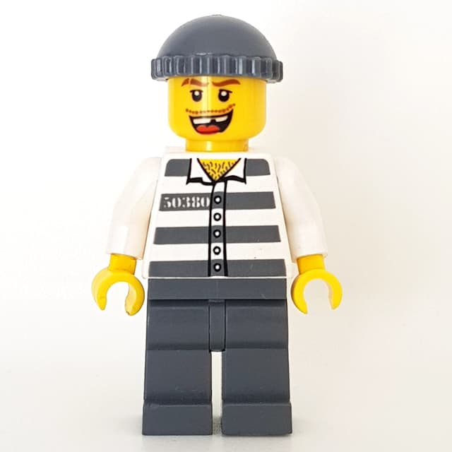 Criminal, Prison Shirt with #50380, Dark Bluish Gray Legs, Dark Bluish Gray Hat, Missing Tooth