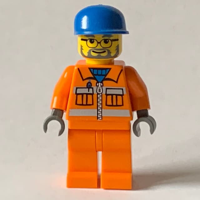 Construction Worker in Orange Jacket with Zipper and Reflective Stripes, Blue Cap, Gray Beard