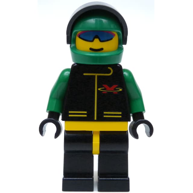 Racer, Extreme Team, Black Jacket, Black Legs, Green Helmet with Visor, Blue Sunglasses