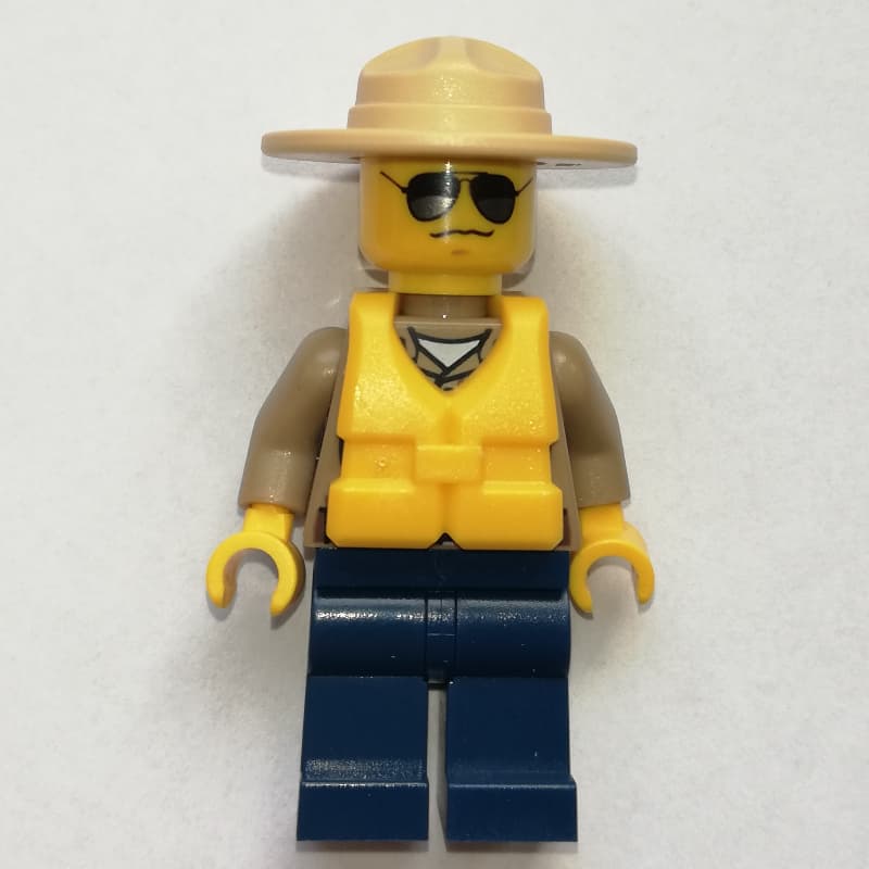 Forest Police / Ranger, Dark Tan Shirt with Radio and Badge, Dark Blue Legs, Tan Campaign Hat, Yellow Life Vest, Sunglasses