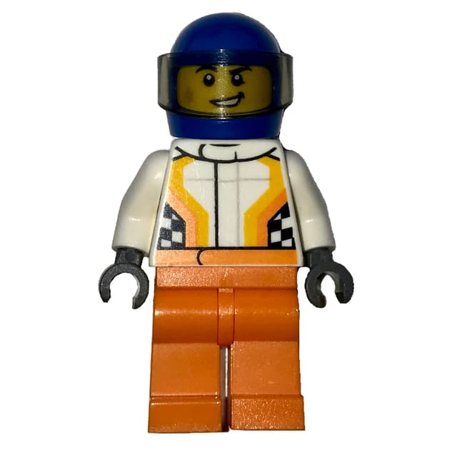Racer, White and Orange Jumpsuit, Blue Helmet with Visor
