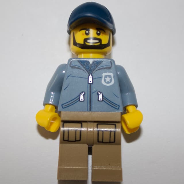 Policeman Ranger Ralph, Sand Blue Jacket with Pockets and 'POLICE' on Back, Dark Blue Cap, Beard