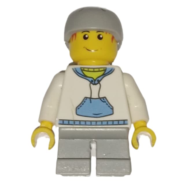 Boy, White and Blue Hoodie, Short Light Bluish Gray Legs, Light Bluish Gray Helmet