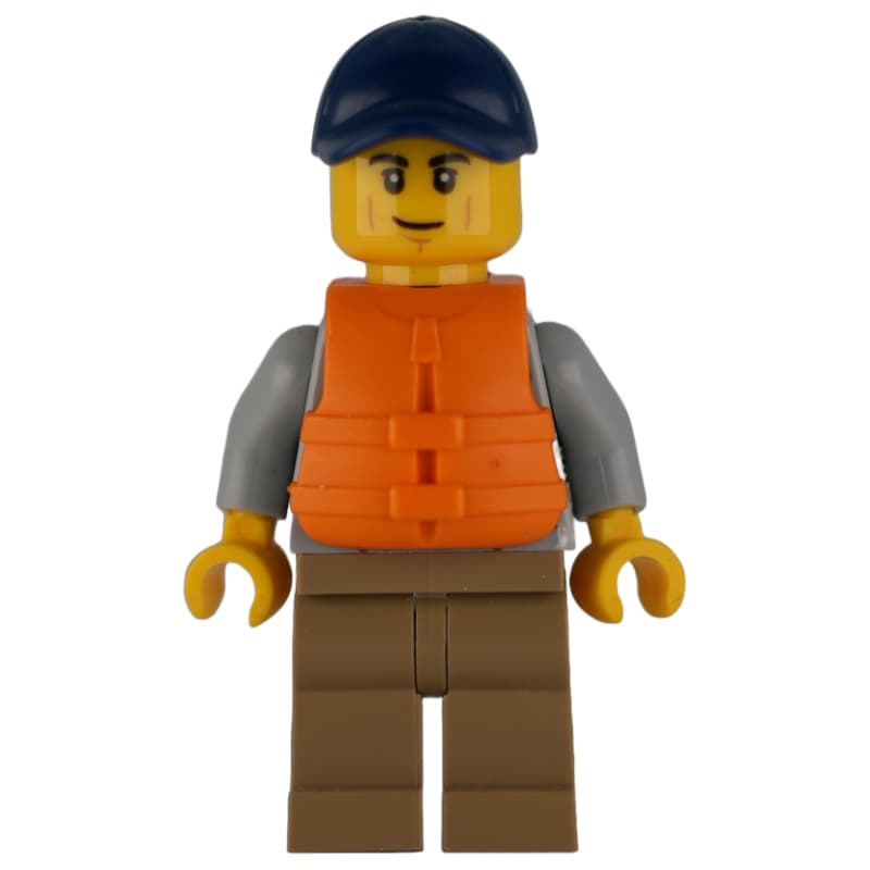 Man, Light Bluish Gray Hoodie over Dark Red Shirt, Dark Tan Legs, Dark Blue Cap, Orange Life Vest
