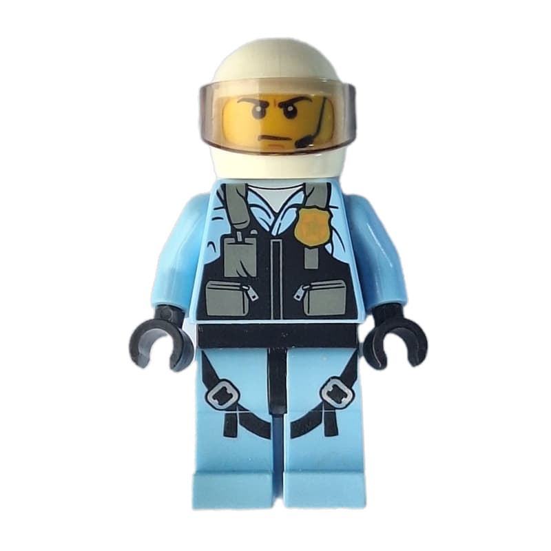 Policeman, Black Vest with Badge and Pouches over Bright Light Blue Shirt, White Helmet with Visor