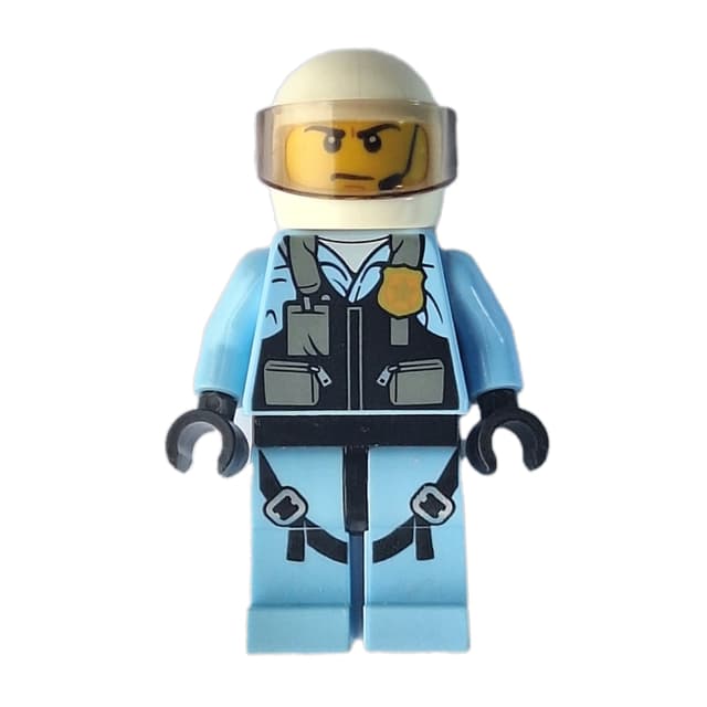 Policeman, Black Vest with Badge and Pouches over Bright Light Blue Shirt, White Helmet with Visor