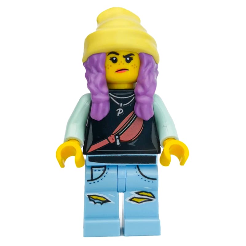 Parker L. Jackson, Black Top, Bright Light Yellow Beanie Hat, Medium Lavender Hair