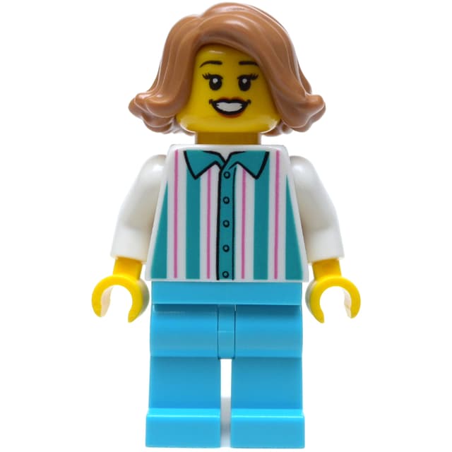 Woman, Shirt with White and Dark Turquoise Stripes, White Legs, Medium Nougat Hair