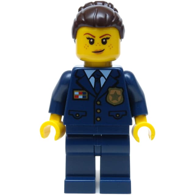Policewoman, Dark Blue Suit and Tie, Dark Brown Bun Hair