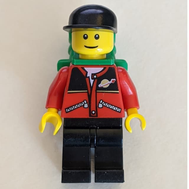 Man - Red Jacket, Black Legs, Black Cap, Green Backpack