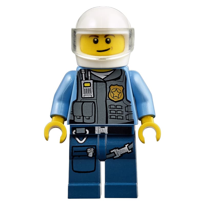 Policeman in Vest with Gold Badge, Radio, and Pockets. White Helmet with Trans-Clear Visor