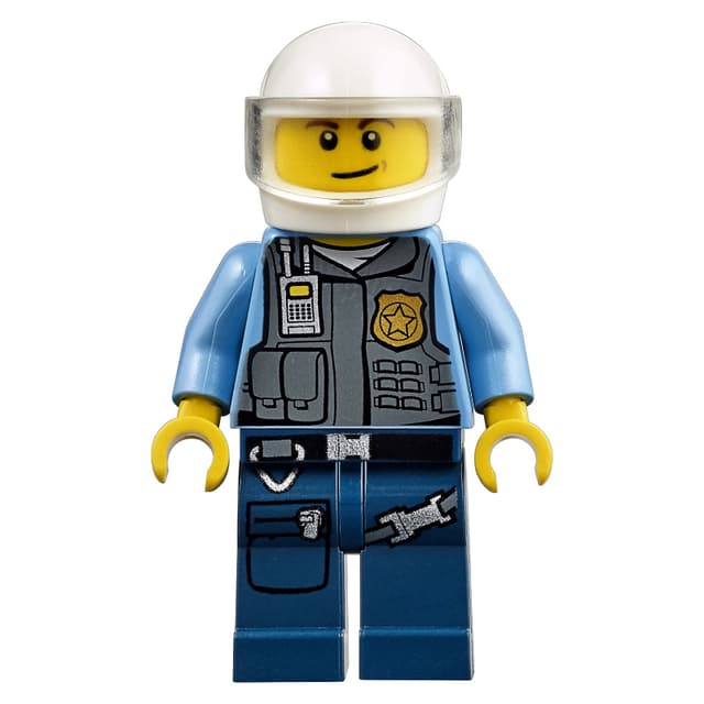 Policeman in Vest with Gold Badge, Radio, and Pockets. White Helmet with Trans-Clear Visor