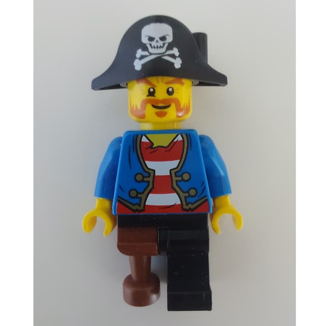 Pirate with Blue Jacket over Red and White Striped Shirt, Peg Leg, and Pirate Hat with Skull