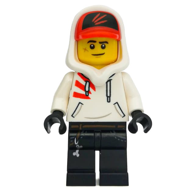 Jack Davids, White Hoodie with Hood and Red Cap