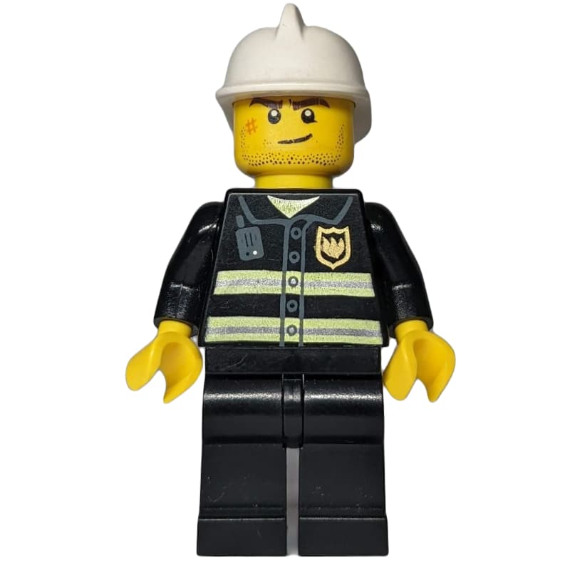Fireman, Black Fire Jacket with Badge, White Helmet, Stubble and Scar