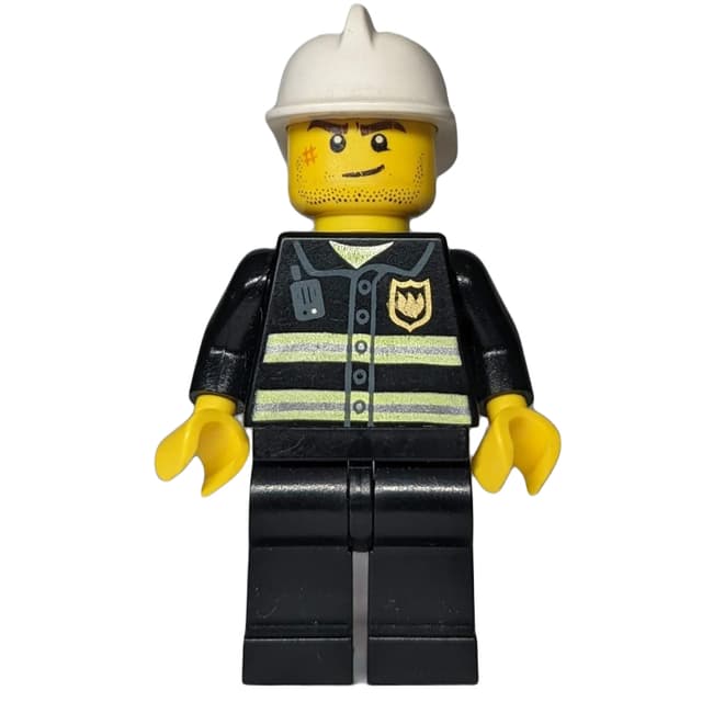 Fireman, Black Fire Jacket with Badge, White Helmet, Stubble and Scar