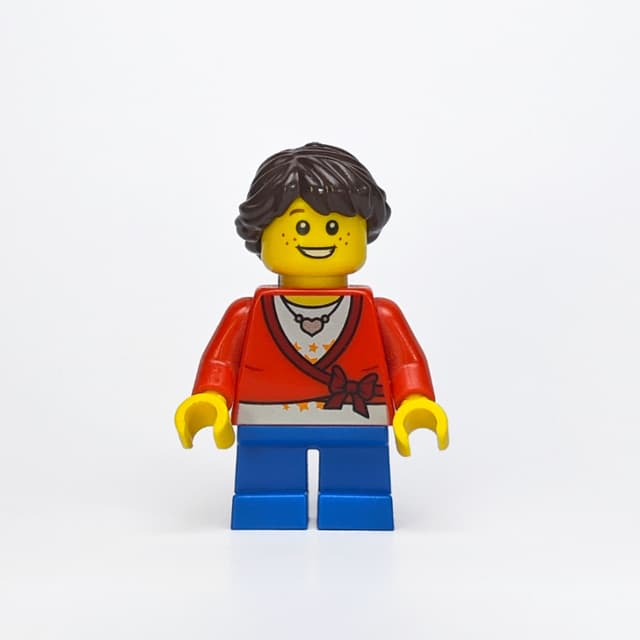 Girl, Cardigan Tied with Bow, Necklace, Short Blue Legs, Dark Brown Hair