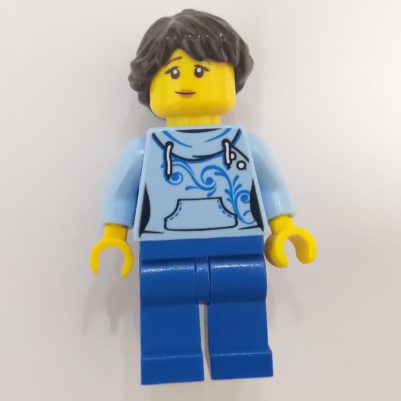 Bright Light Blue Torso, Blue Legs, Dark Brown Hair