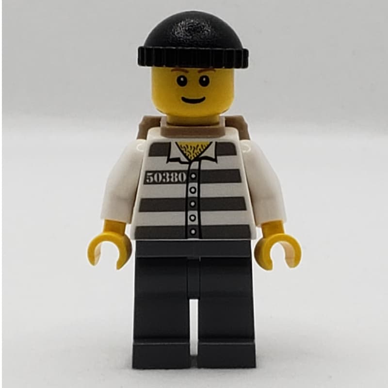 Criminal, Prison Shirt with #50380, Dark Bluish Gray Legs, Black Hat and Dark Tan Back Pack (3626bpr0387 Head)