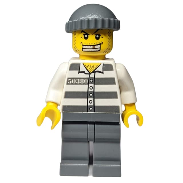 Criminal, Prison Shirt with #50380, Dark Bluish Gray Legs, Dark Bluish Gray Hat, Gold Tooth