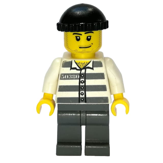 Criminal, Prison Shirt with #50380, Dark Bluish Gray Legs, Black Hat, Stubble