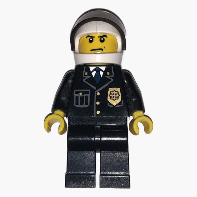 Policeman, Black Suit with Badge, White Helmet with Visor