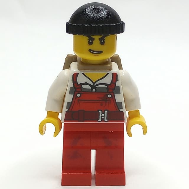 Criminal Joe Frankfurter, Red Overalls over Prison Shirt, Black Hat, Dark Tan Backpack