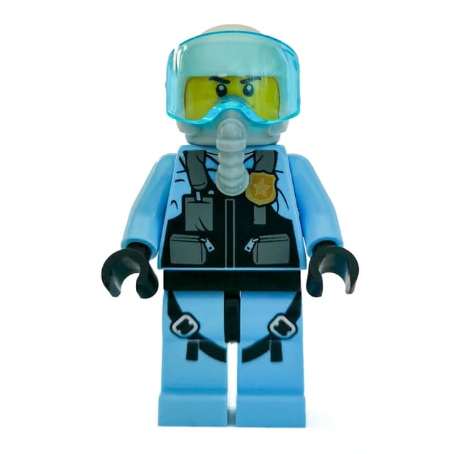 Policeman, Black Vest with Badge and Pouches over Bright Light Blue Shirt, White Helmet with Visor, Breathing Apparatus