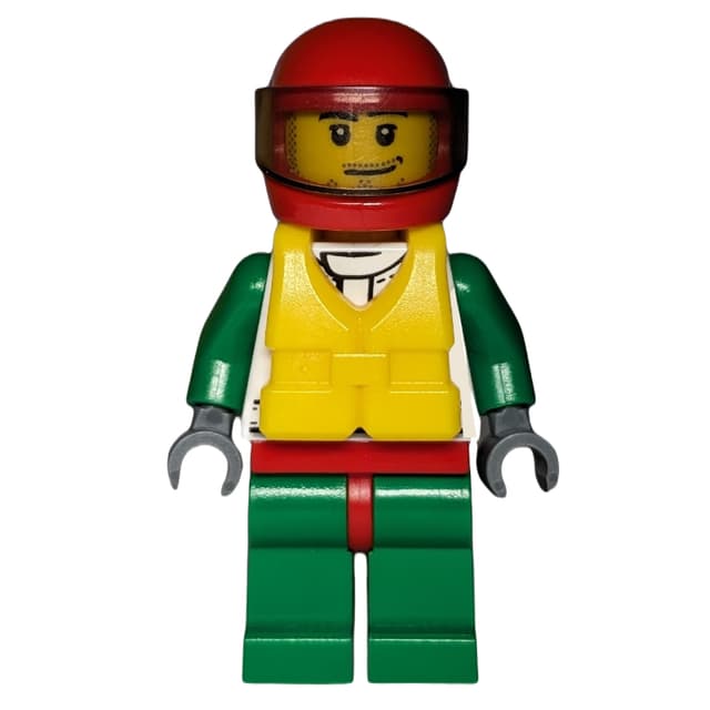 Racer, White and Green Jacket with Octan Logo, Red Helmet with Trans-Brown Visor, Yellow Life Vest, Stubble