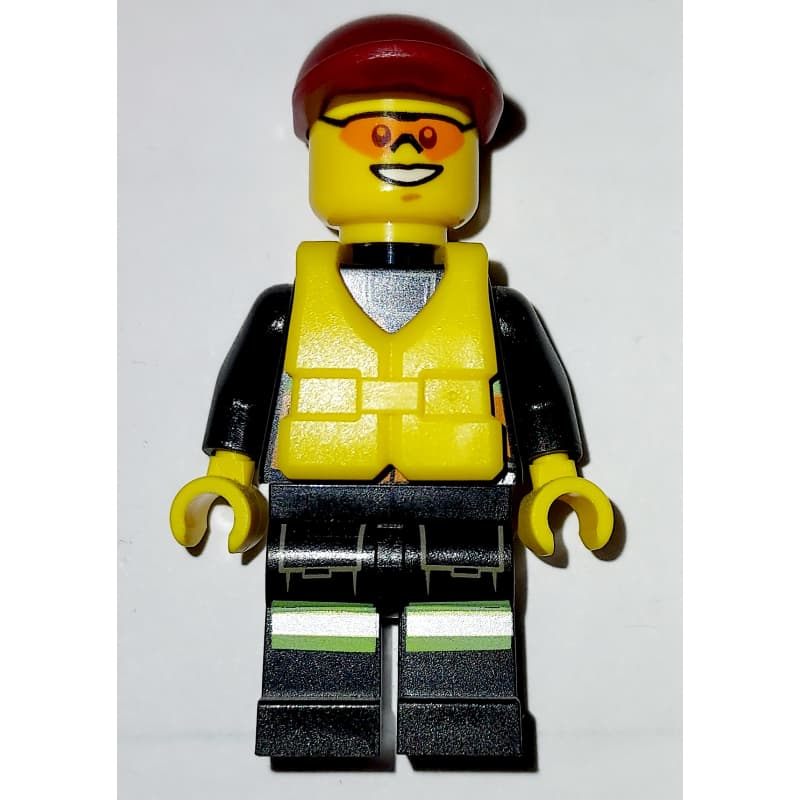 Fireman, Orange Safety Vest with Radio, Dark Red Cap, Yellow Life Vest, Orange Sunglasses