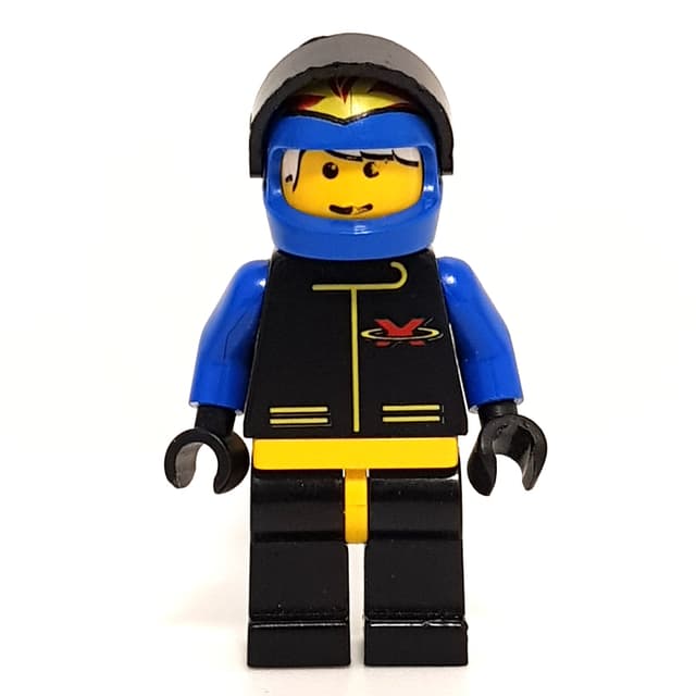 Racer, Extreme Team, Black Jacket, Blue Helmet with Flames and Visor