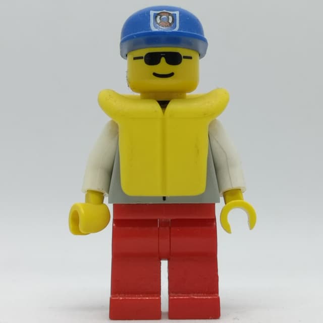 Coast Guard, Light Gray Jacket with Zipper and Badge, Blue Cap with Badge, Yellow Life Vest, Sunglasses