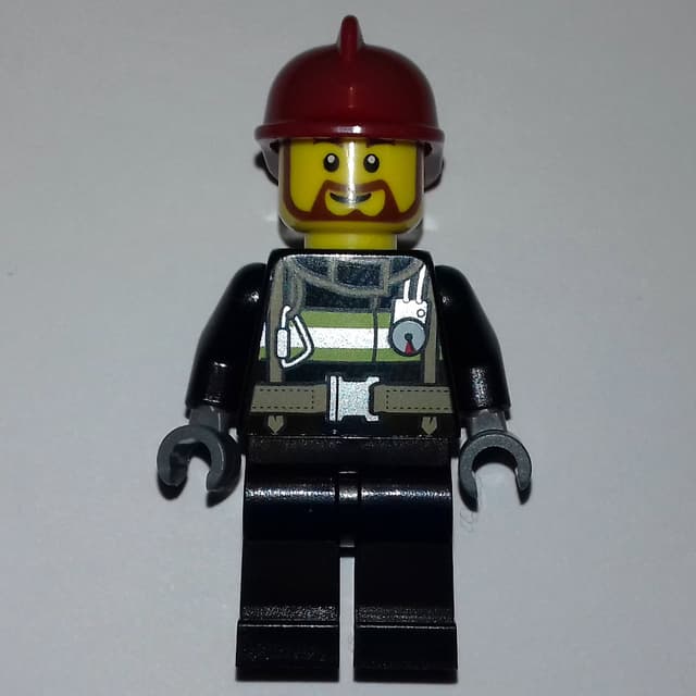 Fireman, Black Fire Suit with Gauge and Straps, Black Legs, Dark Red Helmet, Beard